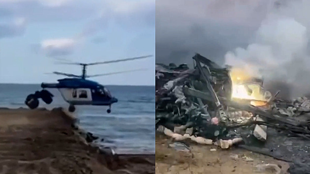 Poškozený ruský vrtulník dosedl a opět vzlétl. Záběry havárie se šíří internetem